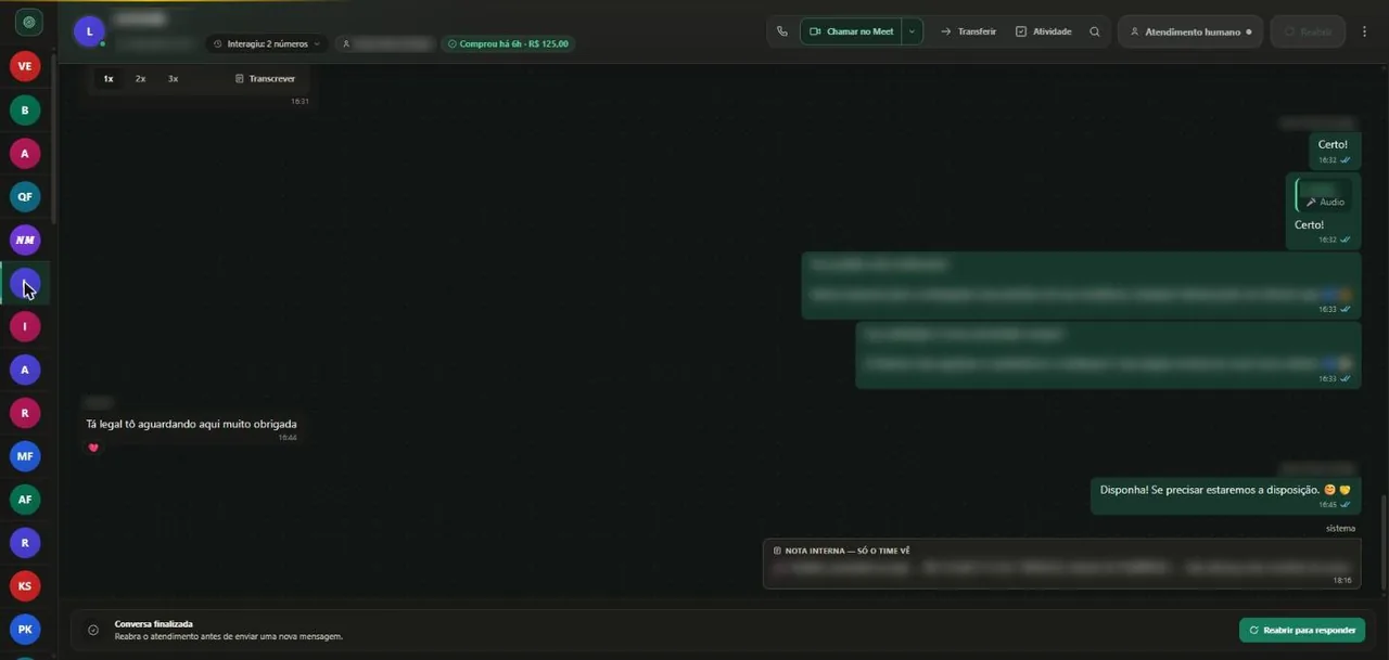 Tela de conversas do GIGA CRM: o WhatsApp da empresa atendido dentro do CRM