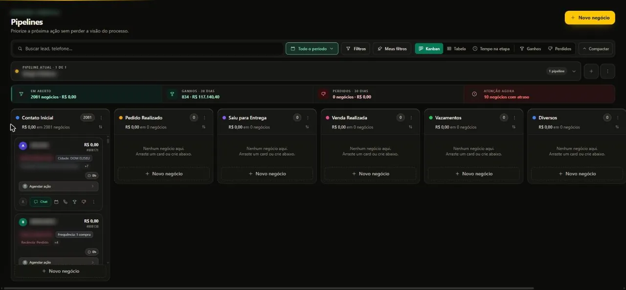 Funil de vendas do GIGA CRM em kanban, com os negócios em cada etapa